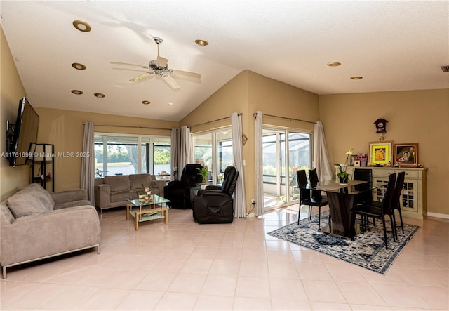 living room featuring visible vents, a ceiling fan, recessed lighting, vaulted ceiling, and light tile patterned flooring