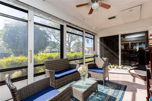 sunroom / solarium with outdoor lounge area, ceiling fan, and visible vents