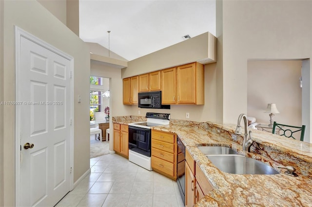 kitchen with visible vents, black appliances, a sink, light stone counters, and lofted ceiling