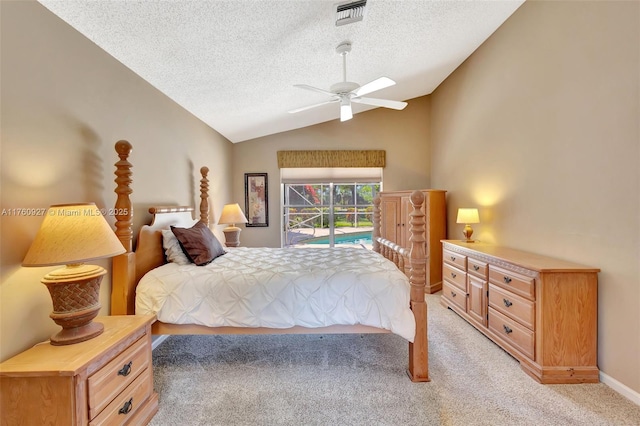 bedroom with visible vents, light carpet, access to outside, a textured ceiling, and lofted ceiling