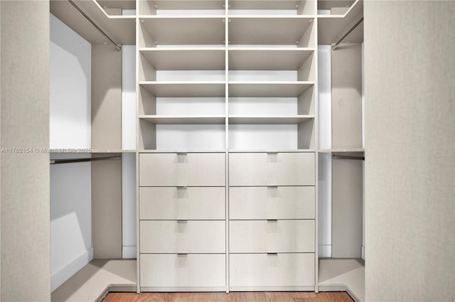 walk in closet with light wood-style flooring