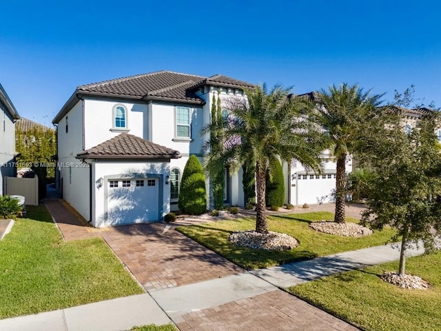 mediterranean / spanish-style home featuring stucco siding, a tile roof, decorative driveway, and a front lawn