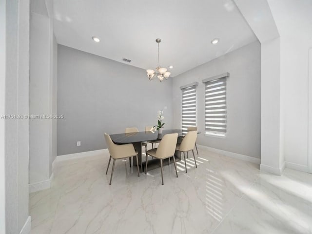 dining area featuring baseboards, visible vents, recessed lighting, a notable chandelier, and marble finish floor