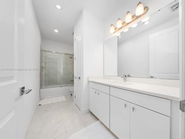 full bathroom with vanity, visible vents, baseboards, toilet, and marble finish floor