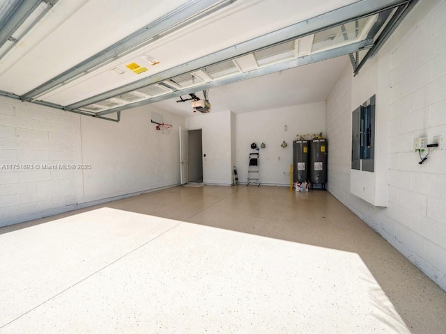 garage featuring electric panel, a garage door opener, and water heater