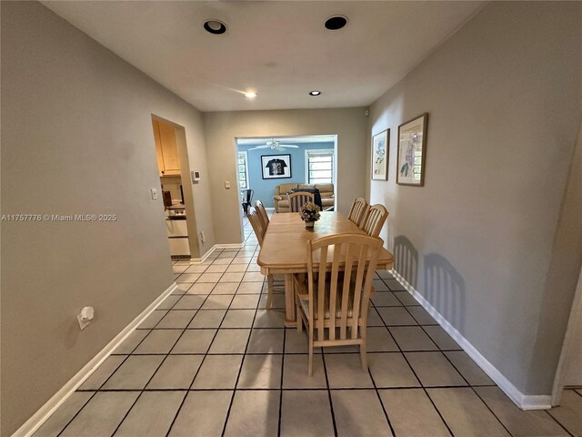 dining room with recessed lighting, baseboards, light tile patterned flooring, and a ceiling fan