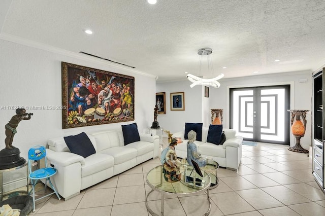 living area featuring crown molding, light tile patterned floors, french doors, and a textured ceiling