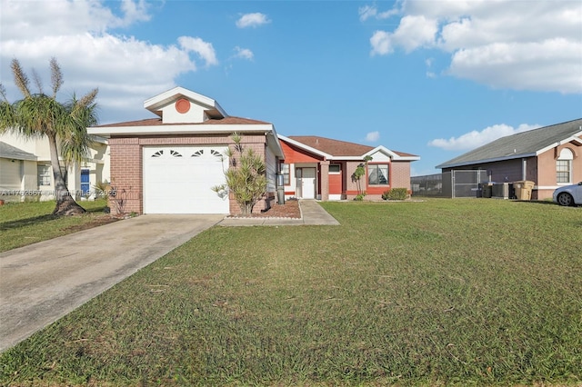 single story home with brick siding, fence, concrete driveway, a front yard, and a garage