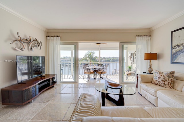 living area featuring crown molding