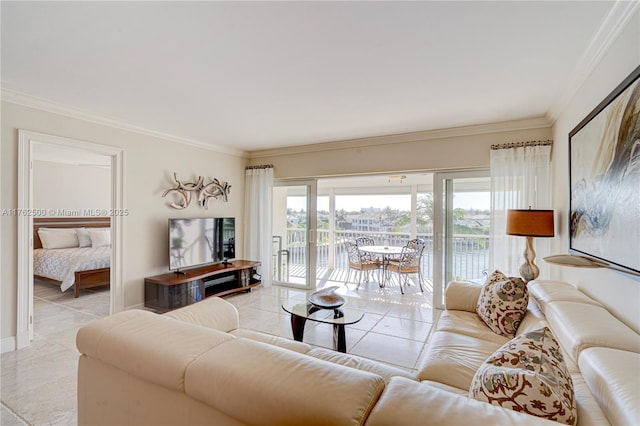 living area with light tile patterned floors, baseboards, and ornamental molding