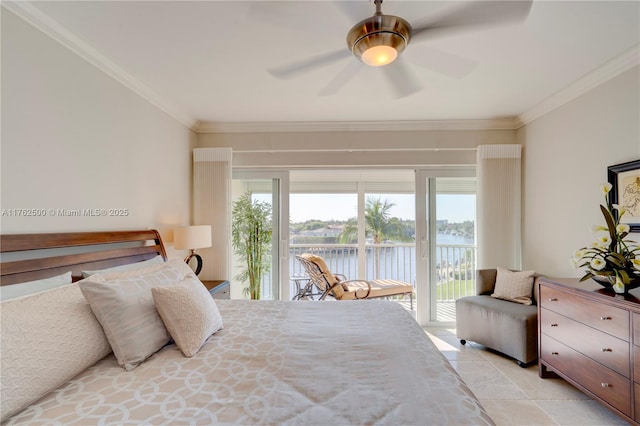 bedroom featuring a ceiling fan, crown molding, a water view, and access to outside