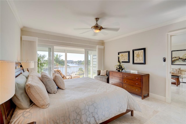 bedroom with a ceiling fan, baseboards, ornamental molding, access to exterior, and a water view