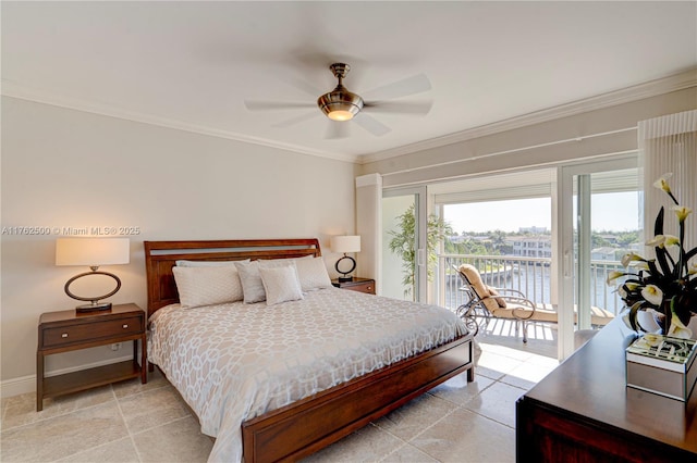 bedroom with baseboards, ceiling fan, crown molding, and access to outside