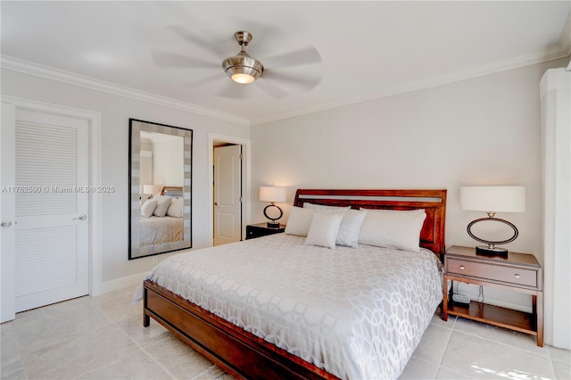 bedroom featuring light tile patterned flooring, a ceiling fan, baseboards, and ornamental molding