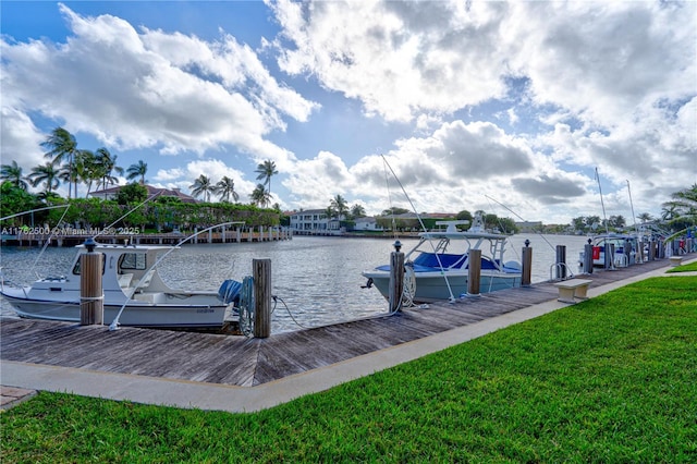 dock area featuring a yard and a water view