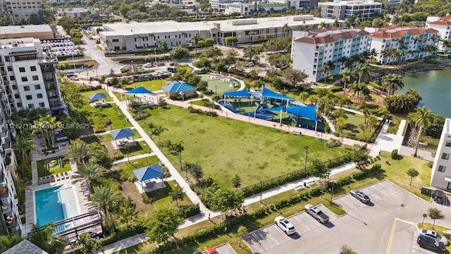 bird's eye view with a water view