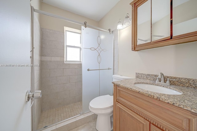 bathroom with a stall shower, toilet, and vanity