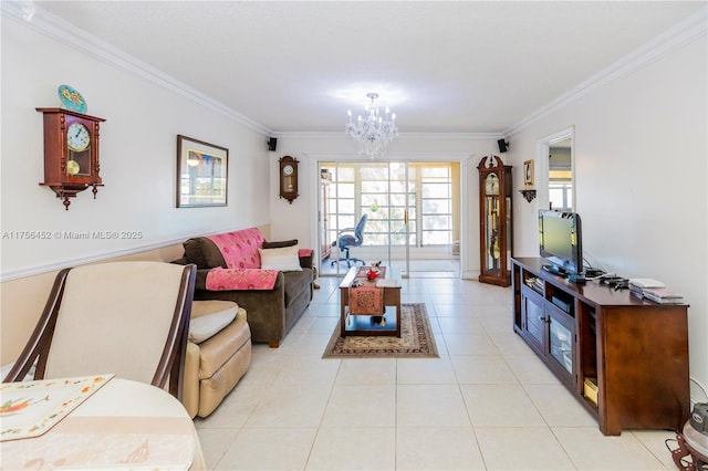 living area featuring an inviting chandelier, light tile patterned floors, and ornamental molding