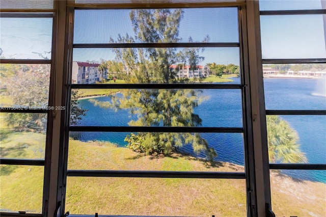 interior details with a water view