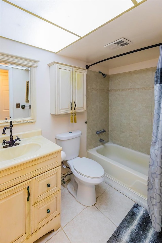 full bathroom with tile patterned floors, visible vents, toilet, shower / tub combo with curtain, and vanity