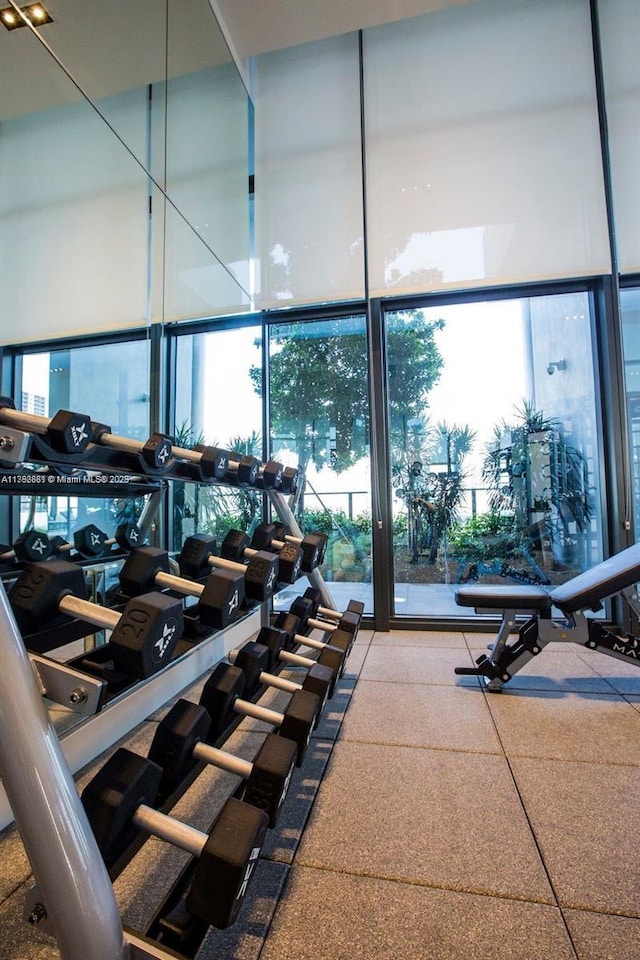 gym with floor to ceiling windows