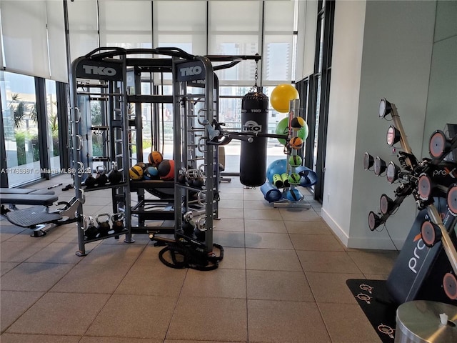 exercise room featuring floor to ceiling windows and baseboards