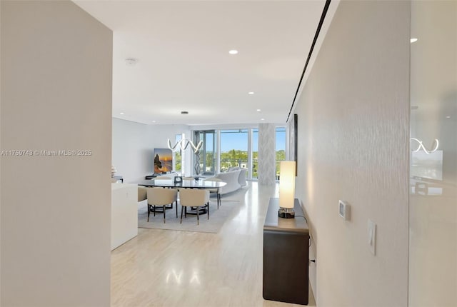 hall featuring recessed lighting, light wood-type flooring, and floor to ceiling windows