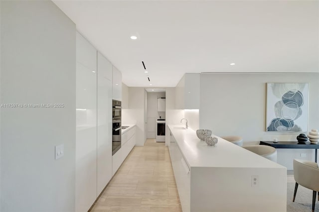 kitchen featuring white cabinets, modern cabinets, light countertops, and a sink