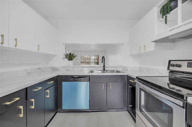 kitchen with a sink, light stone counters, stainless steel electric stove, ventilation hood, and dishwasher