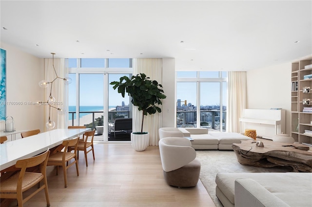 living area with a wall of windows, plenty of natural light, and light wood-style floors