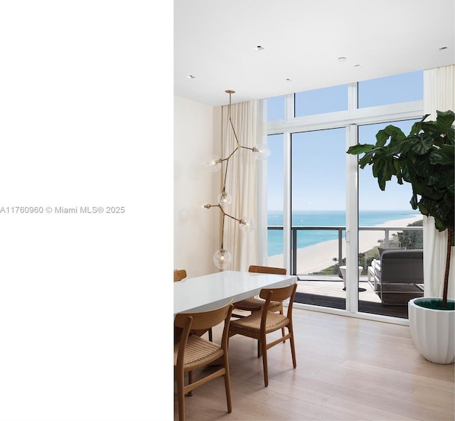 dining space with expansive windows, a water view, and light wood finished floors