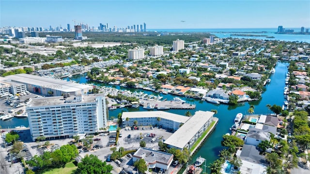 aerial view featuring a view of city and a water view