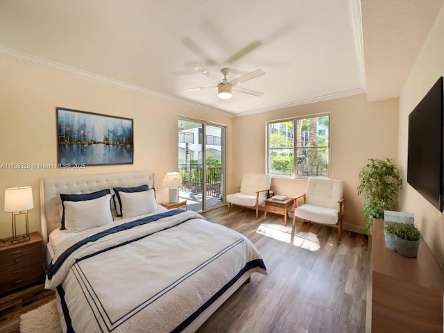 bedroom with access to exterior, baseboards, ornamental molding, wood finished floors, and a ceiling fan