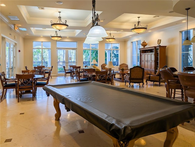 playroom with pool table, crown molding, visible vents, and a raised ceiling