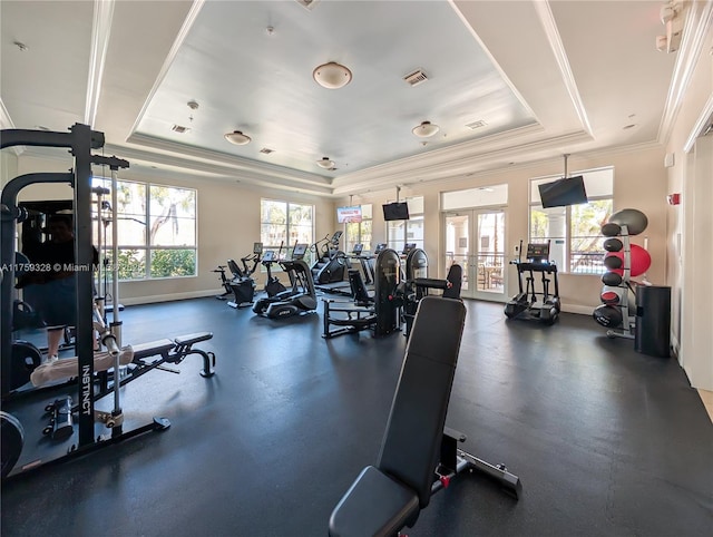 gym featuring a tray ceiling, plenty of natural light, french doors, and visible vents