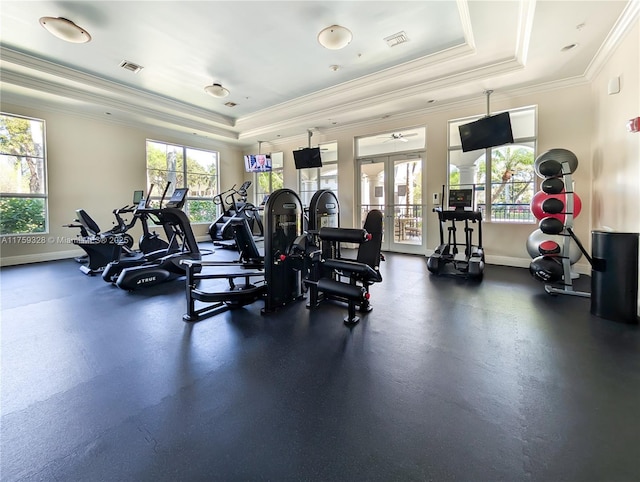 gym featuring a raised ceiling, french doors, visible vents, and baseboards