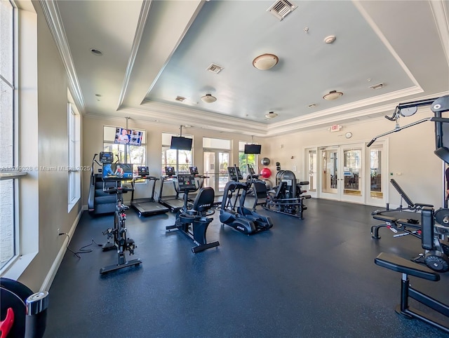 workout area with visible vents, french doors, a tray ceiling, and ornamental molding