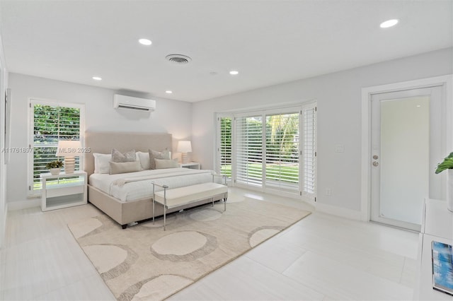 tiled bedroom with a wall mounted air conditioner, visible vents, multiple windows, and recessed lighting