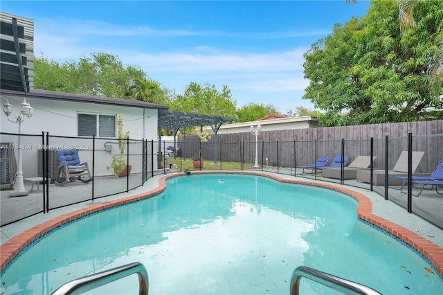 view of pool featuring a fenced in pool, a patio, fence, and a pergola