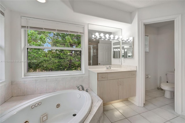 full bath with vanity, a stall shower, a whirlpool tub, tile patterned flooring, and toilet