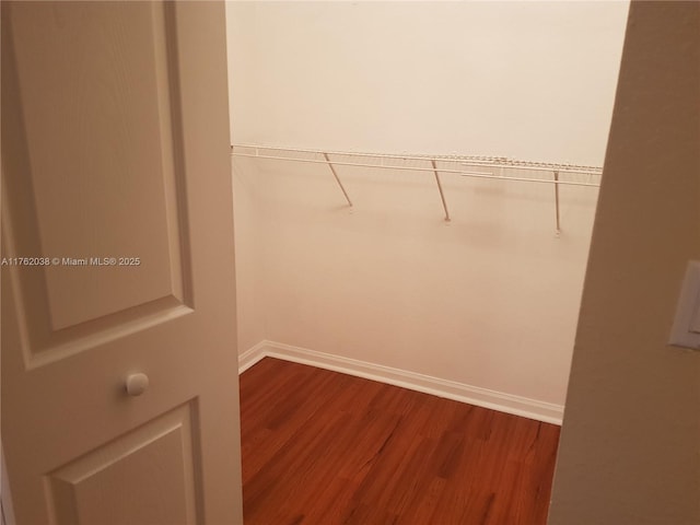 spacious closet with dark wood finished floors