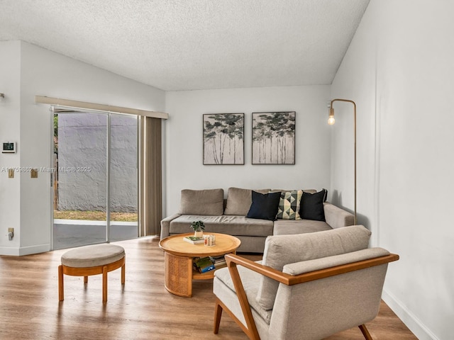 living area with wood finished floors, baseboards, and a textured ceiling