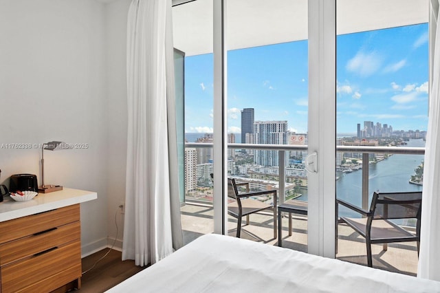 bedroom featuring baseboards, a view of city, wood finished floors, and a water view