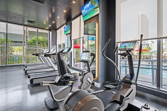 gym featuring a wealth of natural light, visible vents, and expansive windows