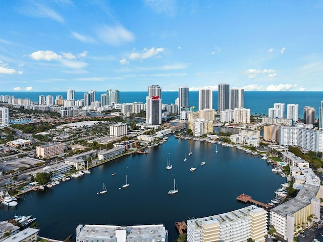 aerial view with a view of city and a water view