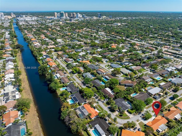 aerial view featuring a water view