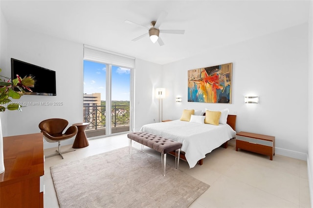 bedroom with access to exterior, baseboards, floor to ceiling windows, light tile patterned flooring, and a ceiling fan