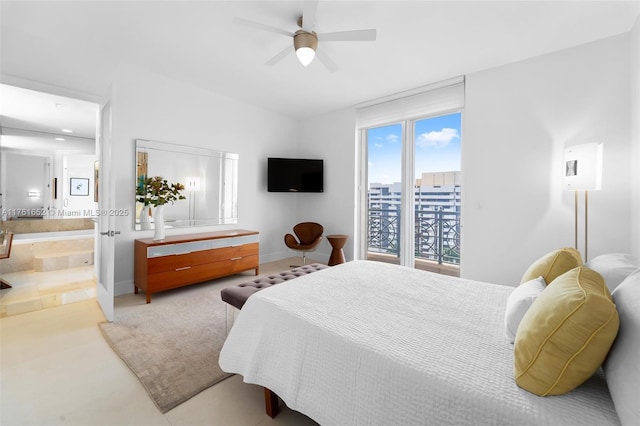 bedroom with connected bathroom, baseboards, and ceiling fan