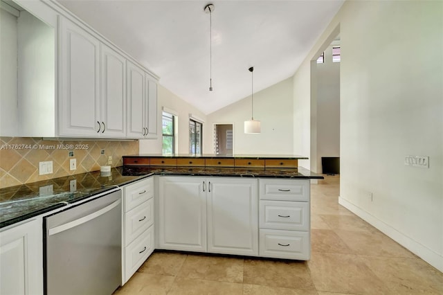 kitchen with vaulted ceiling, decorative backsplash, a peninsula, white cabinetry, and stainless steel dishwasher