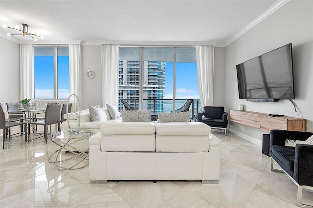 living area featuring baseboards, a textured ceiling, marble finish floor, and crown molding